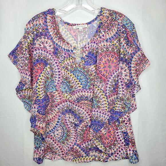 NOTATIONS Tiered Ruffle Front XL Short Flutter Sleeve Slinky Stretch Knit Top - Picture 11 of 11